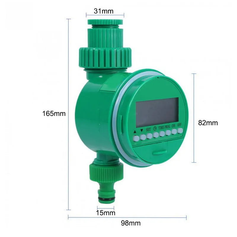 Automatic watering timer in green for drip irrigation with dial interface and brass connectors