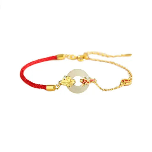 925 silver koi peace buckle bracelet with Hetian jade and red rope, gold electroplated finish