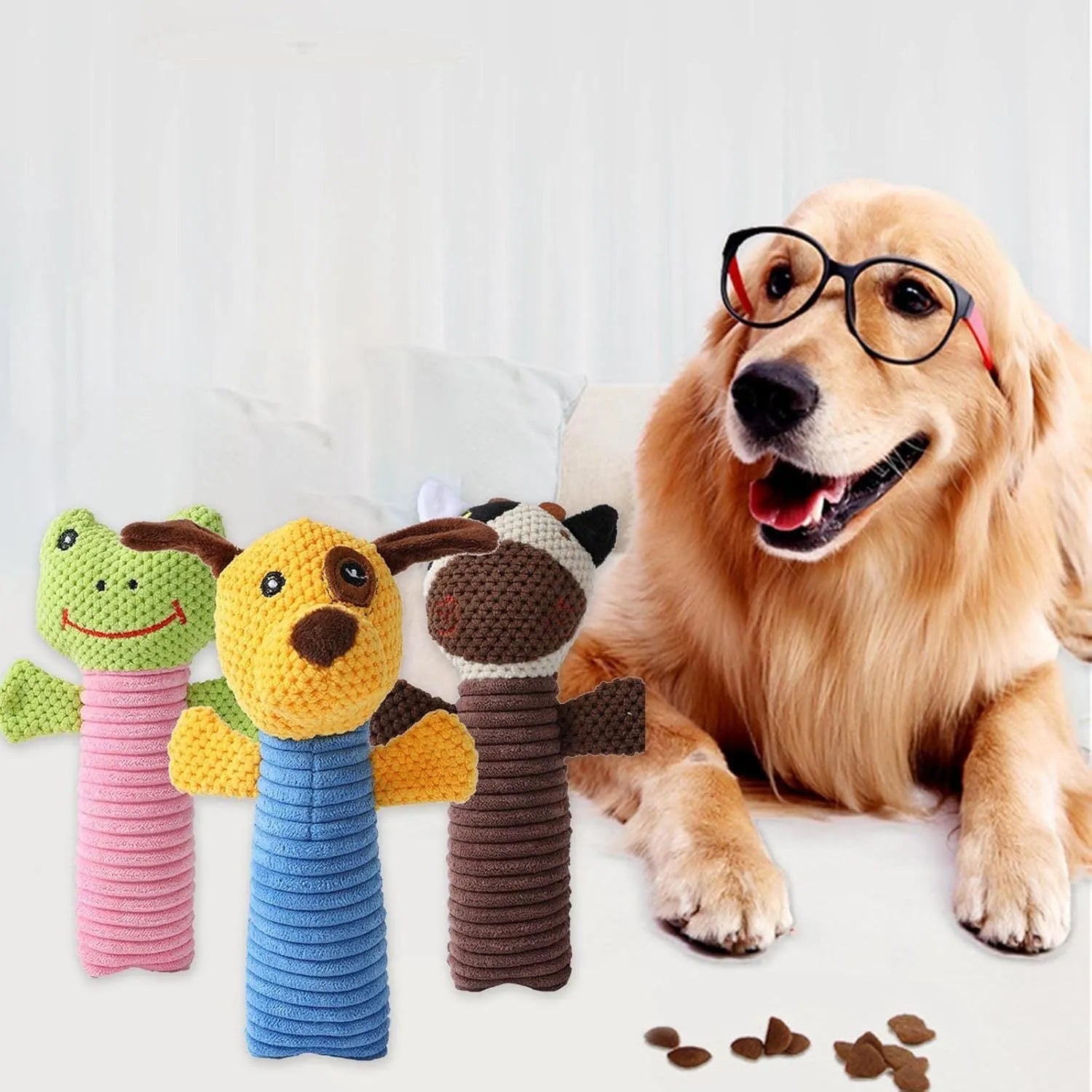 Squeaky plush dog chew toy in animal shapes for dental cleaning and teething relief