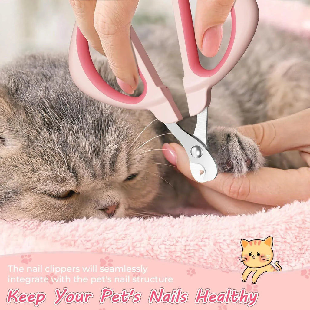 Stainless steel cat nail clipper with positioning hole and non-slip handle in blue or pink for safe pet grooming