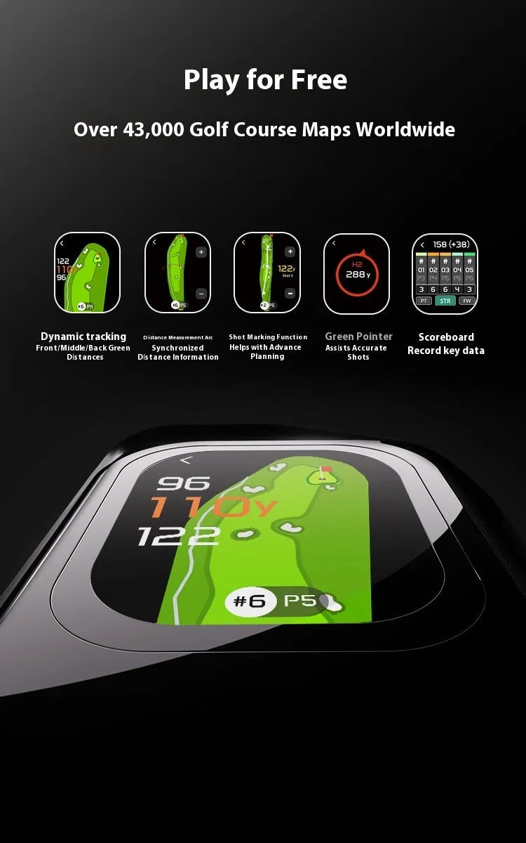 GenePro G1 black golf GPS rangefinder with AMOLED touchscreen showing distance measurement display