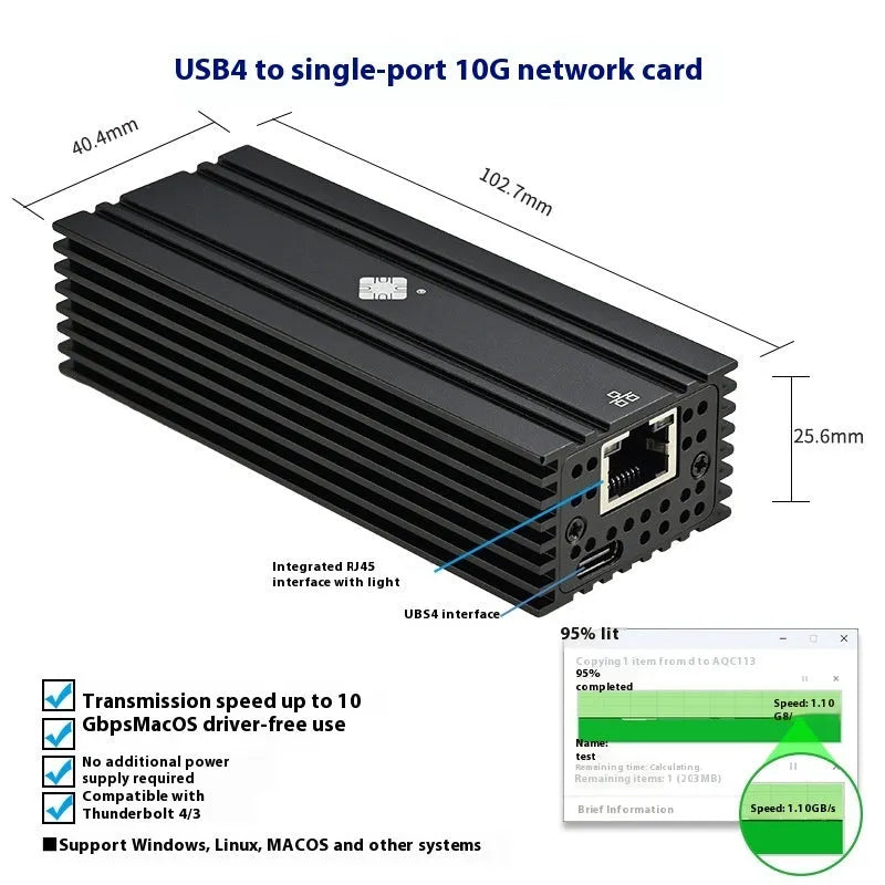 Black Leyu USB4 to RJ45 10 Gigabit Ethernet network adapter with 20cm cable