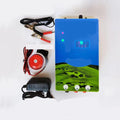 Pasture electronic host unit for high voltage pulse livestock fence system with charger and alarm components.