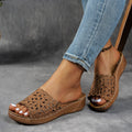 Women's flower cutout wedge beach slippers with PVC upper and fish mouth toe in light brown