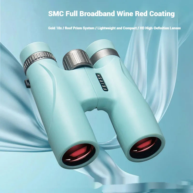 Wine red finish 10x32 binoculars with grey or blue options on a dark background