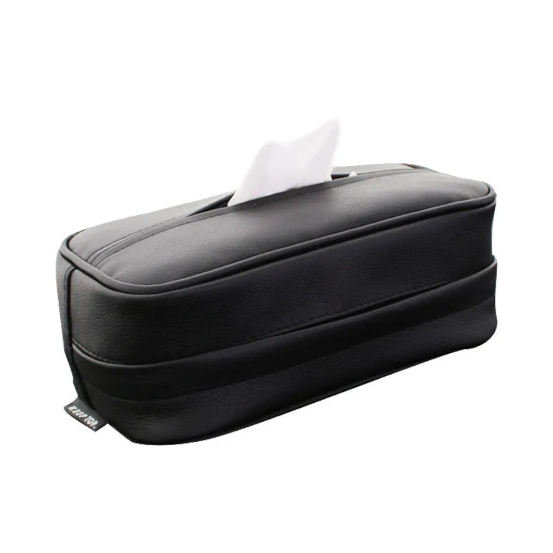 Black leather hanging storage box with paper bag for car or home organisation