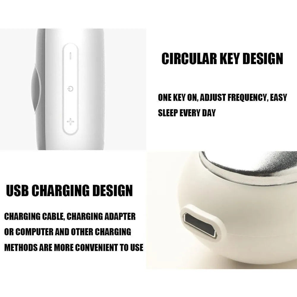 Hand-held micro-current sleep aid device in grey, with round button and micro USB port, on a desk