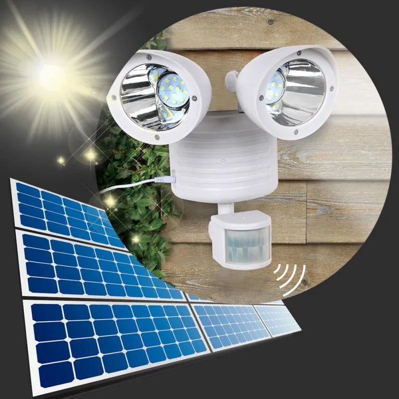 Double head solar induction spotlight in black mounted on a wall showing two LED panels