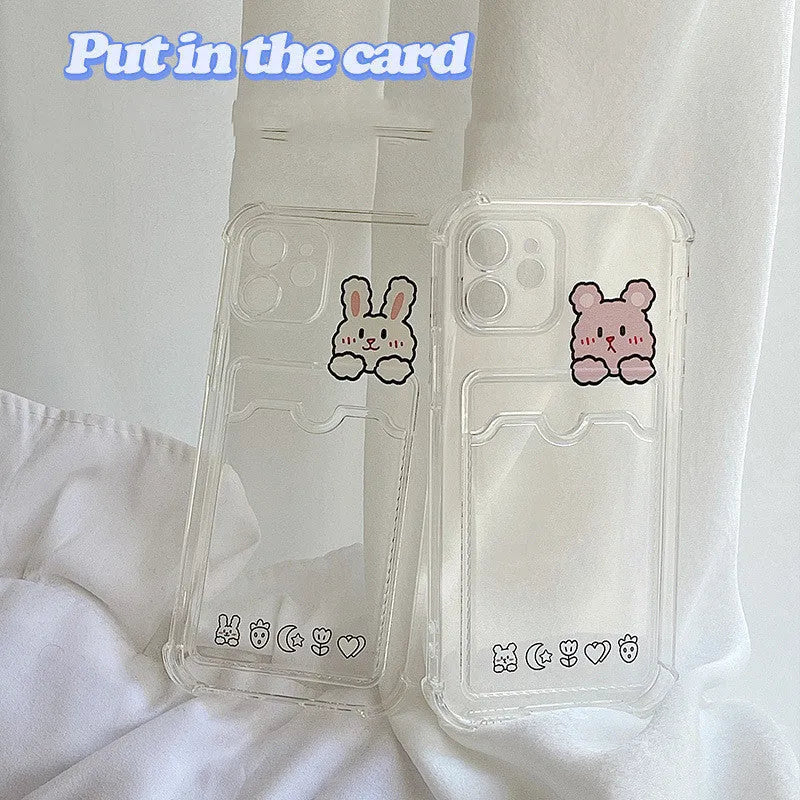 Transparent cartoon design iPhone case with integrated card holder slot for Apple iPhone models.