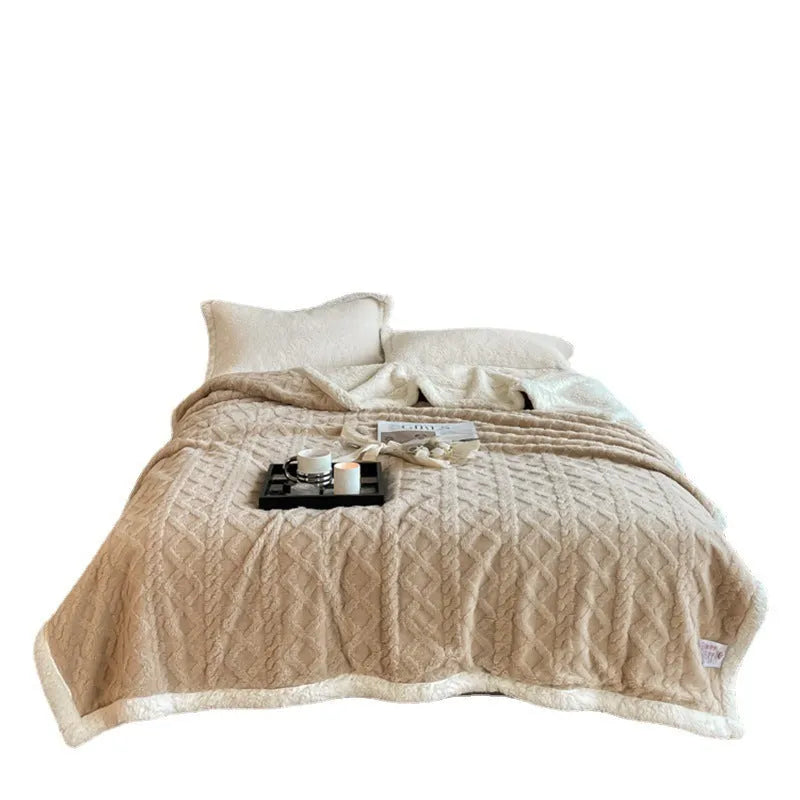Polyester thermal flannel casual blanket in beige, shown folded, for winter bed or sofa use.