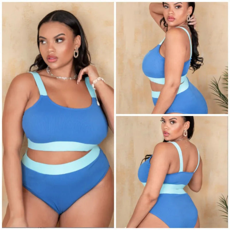 Women's polyester high-waist bikini swimsuit set in picture colour showing stitching details