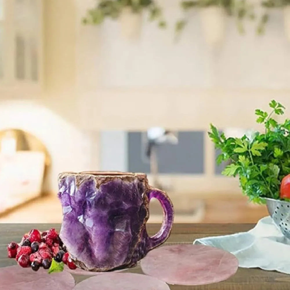 Purple resin coffee mug with 3D crystal texture and a handle on a wooden table.