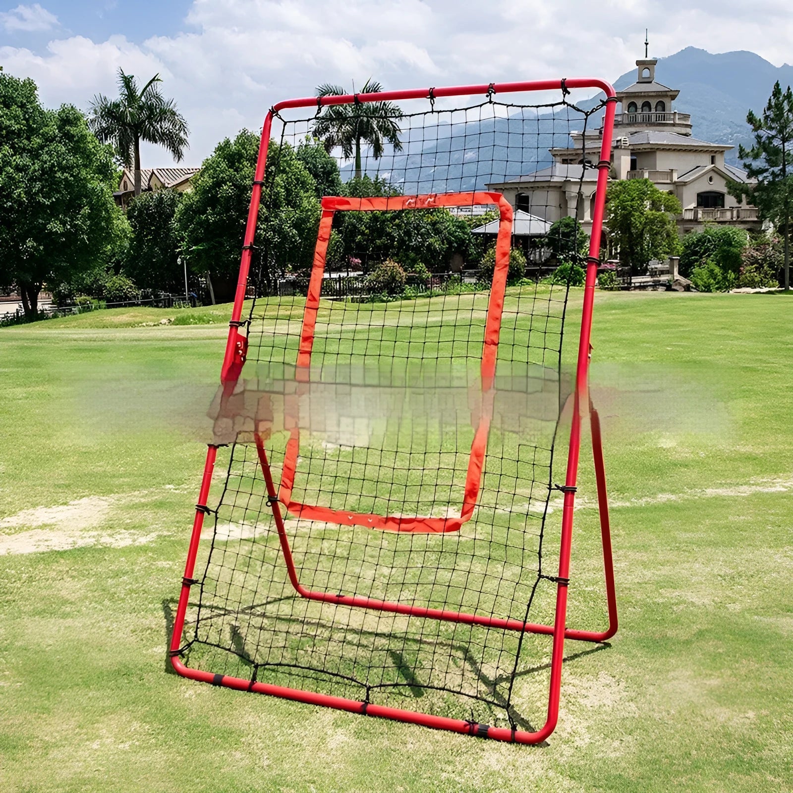 Red metal frame baseball training net set up for practice, measuring 4x6ft with poles