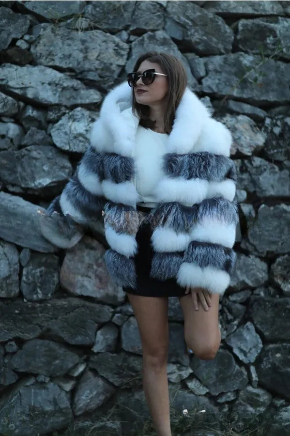 Women's artificial fur hooded coat in street fashion styling, medium length