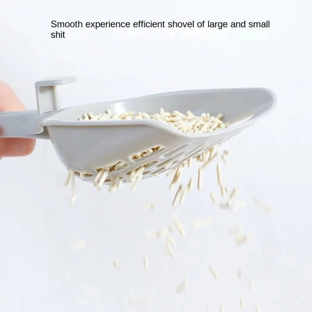 Grey plastic cat litter scoop with removable self-cleaning base for waste collection