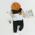 Children's hooded sweater set with patchwork pockets in green and black casual two-piece tracksuit for boys and girls