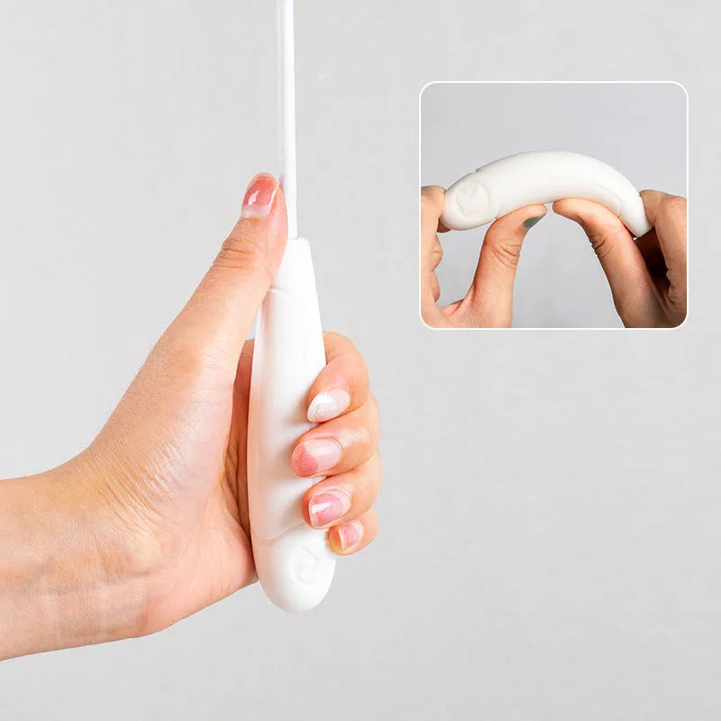 Telescopic cat fishing rod toy with self-hi bell and white goose feather lure on white shaft, extended for play