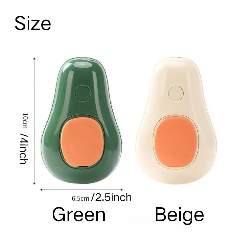 Green rechargeable cat steam brush with water spray nozzle and soft silicone teeth on a white background.