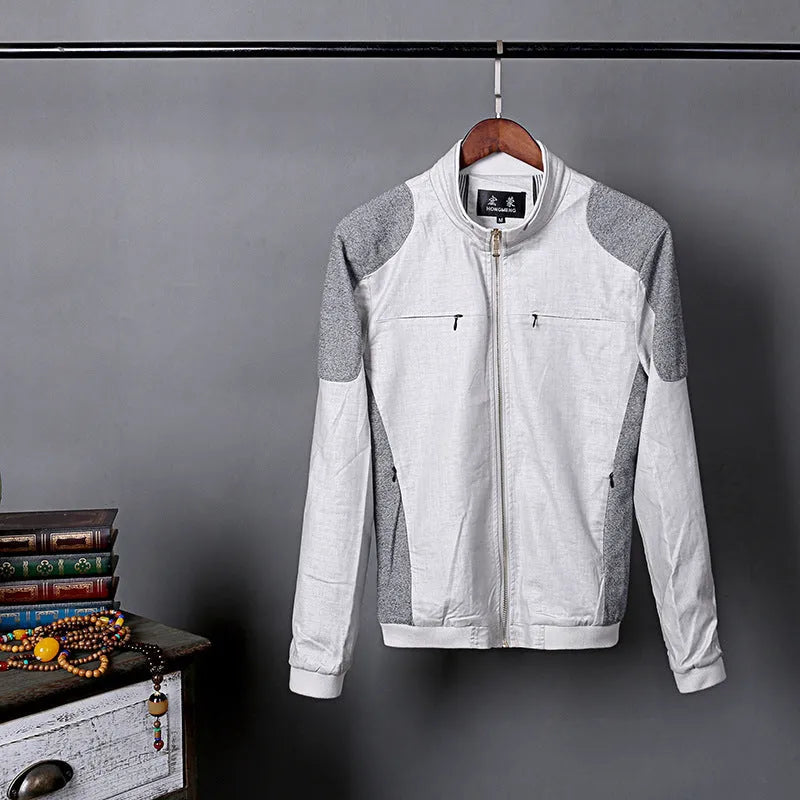 Men's thin cotton linen jacket in colour block pattern, shown in heather grey, grass green, and blue colour options.