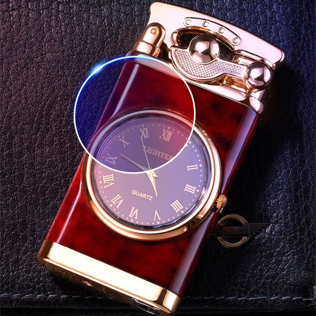 New lighter watch with electric ignition, zinc alloy case, blue flame - real watch dial shows time, multicolor options available