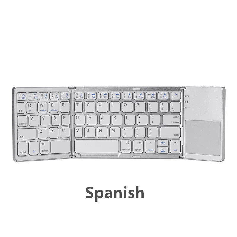 Ultra-thin tri-fold folding Bluetooth keyboard with touchpad, shown in black, folded and unfolded.
