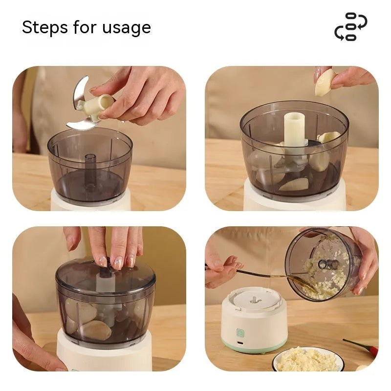 Mini meat grinder with white body, transparent 225ml cup, and anti-slip base on a kitchen countertop