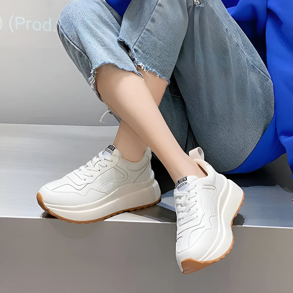 Women's beige casual sports white shoes in cattlehide leather with cross strap and English muffin heel