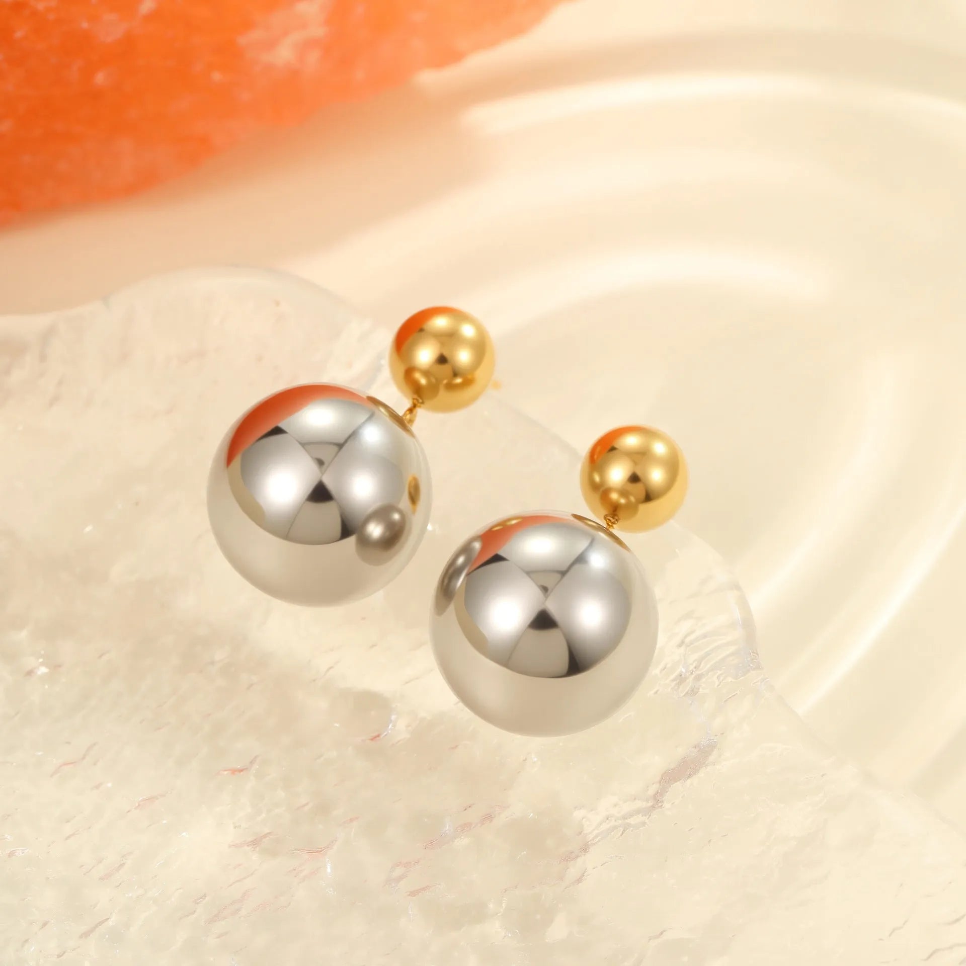Round beads stainless steel colour-block ear studs with geometric spherical design
