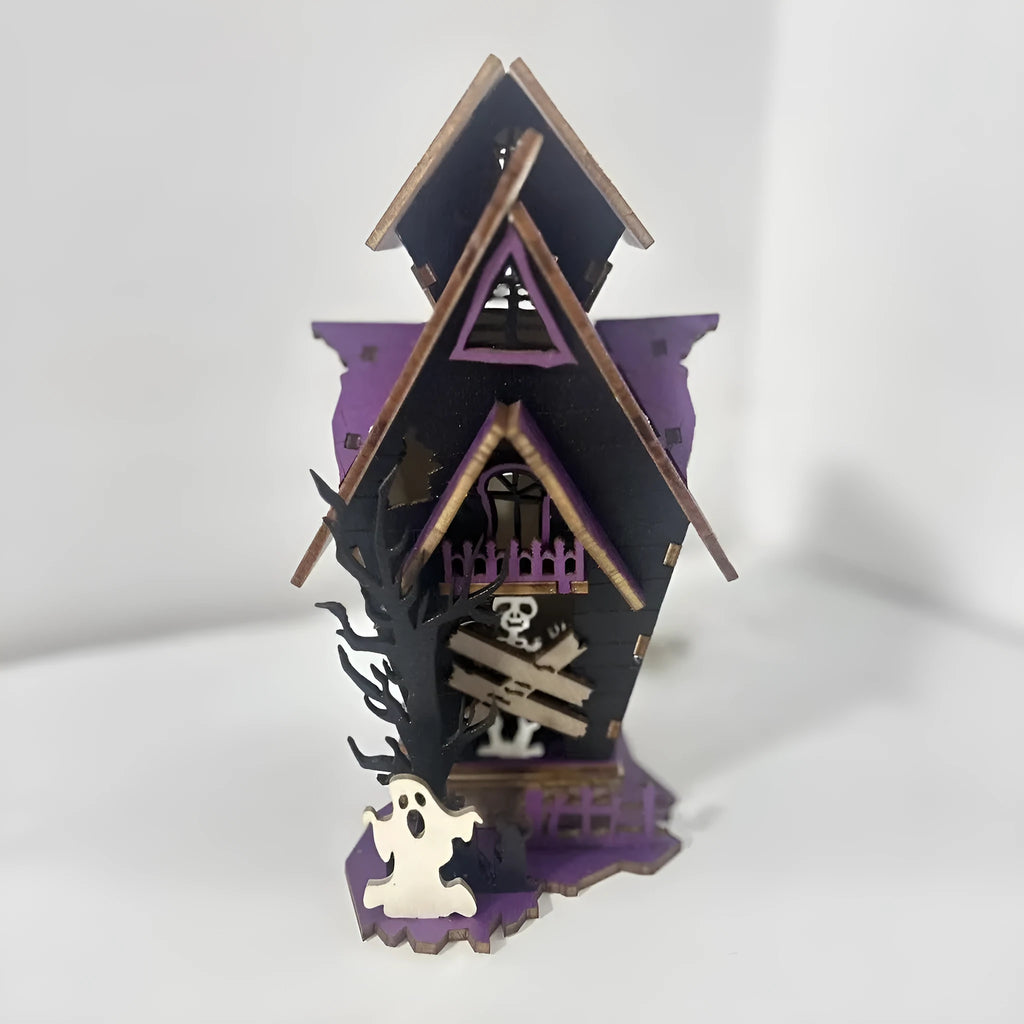 DIY wooden Halloween haunted house table decoration with luminous design and candlestick function