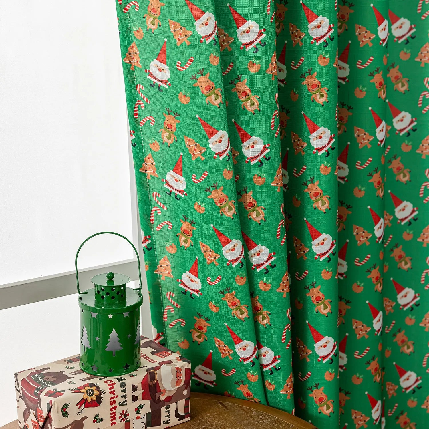 Christmas snowman and angel printed curtain in red or green with windproof semi-shade function