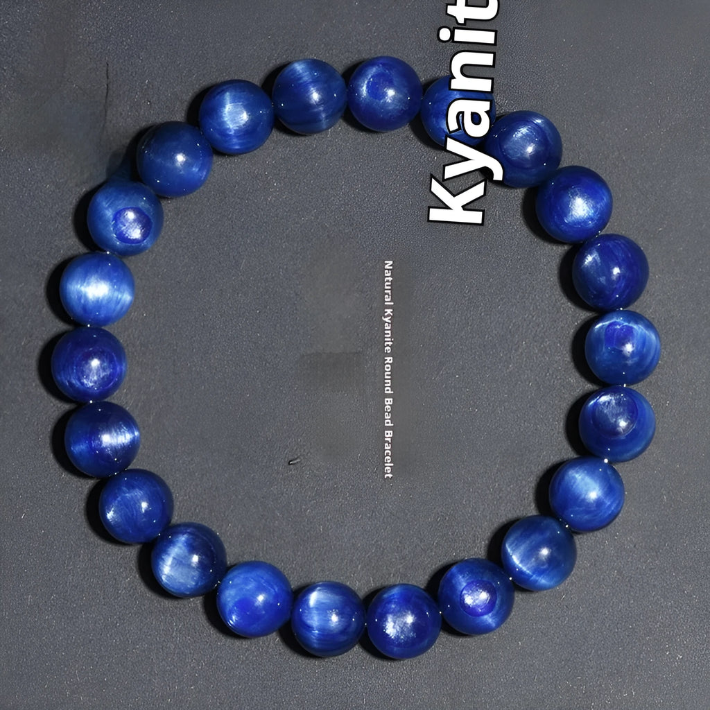 Natural grade 7A blue crystal ball bracelet with geometric beads and a Ruyi charm on a white background.