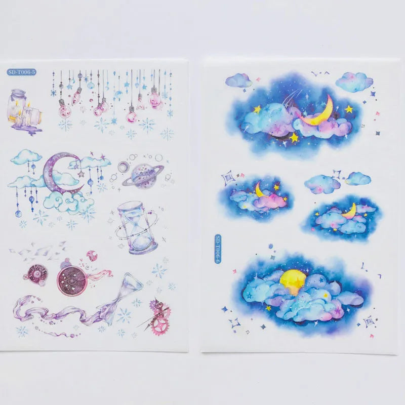 Hand account paper sticker set with fantasy stars design on Japanese paper sheet, 10.5x14.1cm, in paper bag packaging