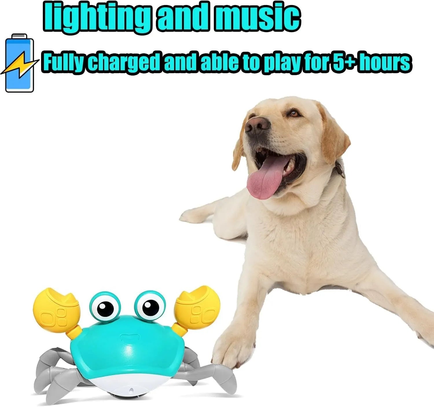 Blue interactive crawling crab dog toy with lights on, moving sideways on a floor.