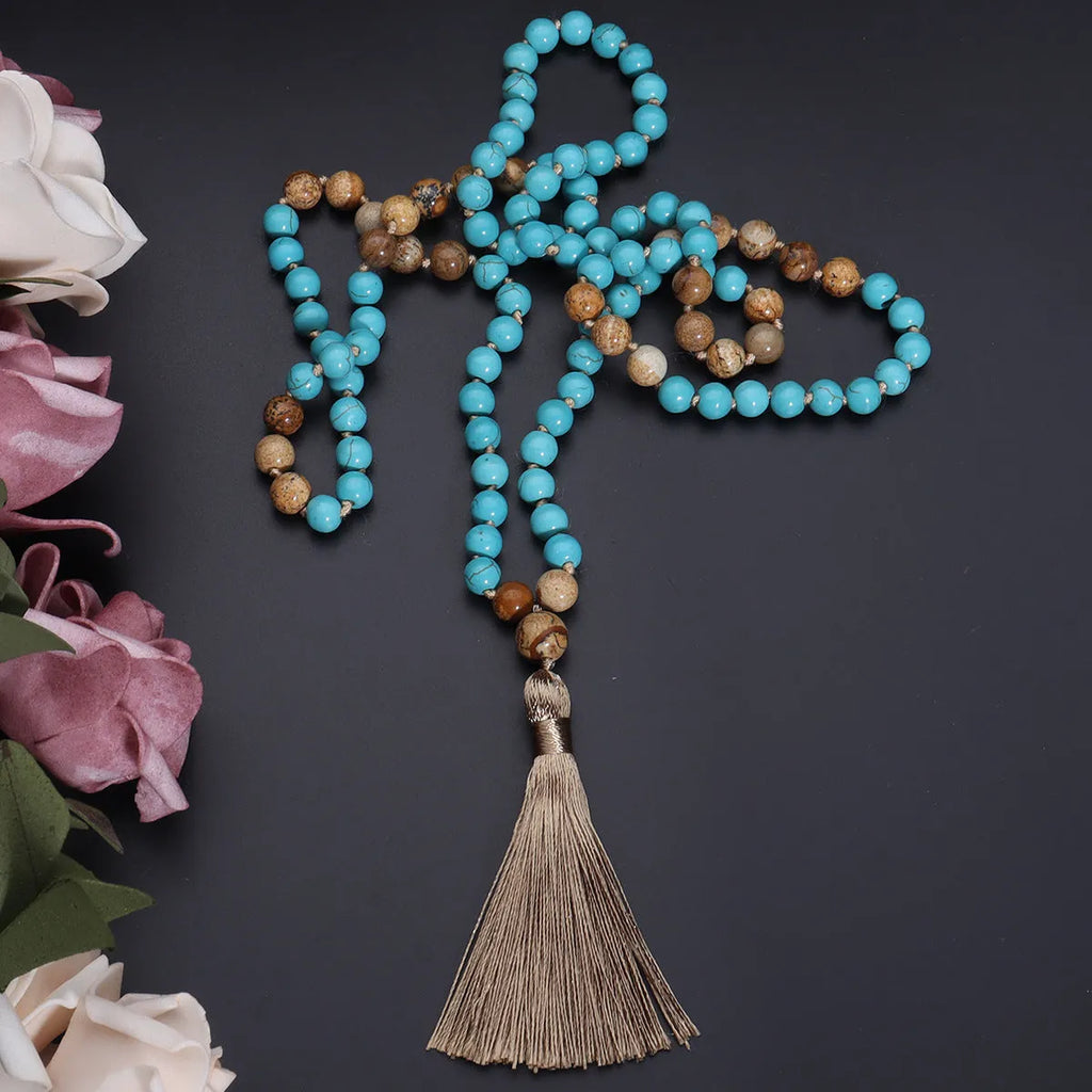 Handmade 108 mala necklace with vintage turquoise painted stone beads in blue pine colour, ball bead chain style, unisex