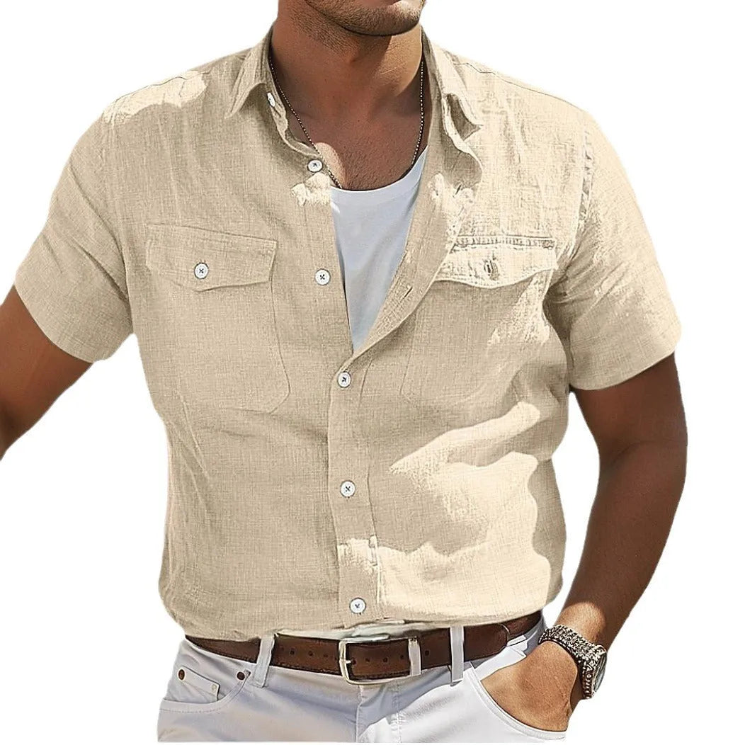 Men's loose-fit cotton linen shirt in a solid colour with a polo collar and long sleeves.