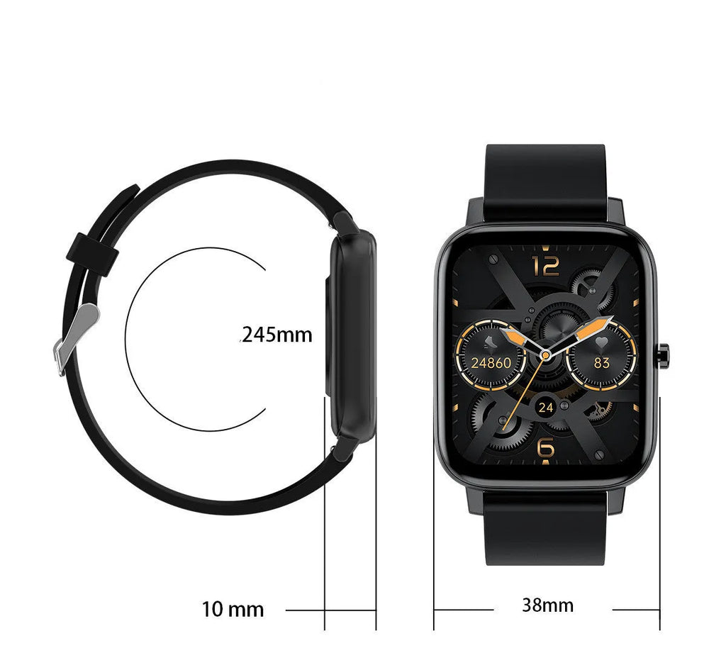 H80 black sports smart watch with ECG monitoring on a wrist, showing the 1.69-inch touch screen display.