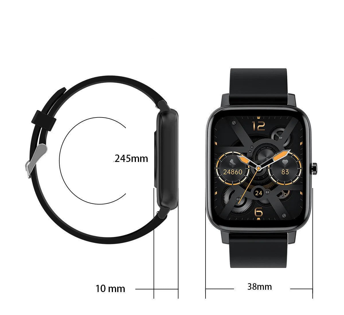 H80 black sports smart watch with ECG monitoring on a wrist, showing the 1.69-inch touch screen display.