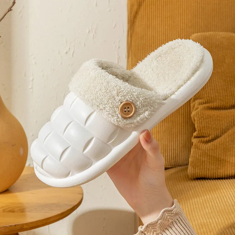 Plaid detachable EVA slippers for women with a plush lining and nonslip sole in pink, green, yellow, or white.