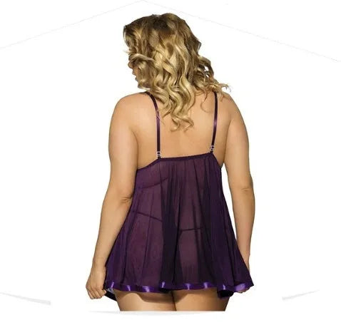Oversized purple mesh and lace women's sleepdress, size 6XL, seamless sling dress design.