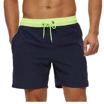 Men's blue running shorts with a drawstring waistband and a side headband pocket.