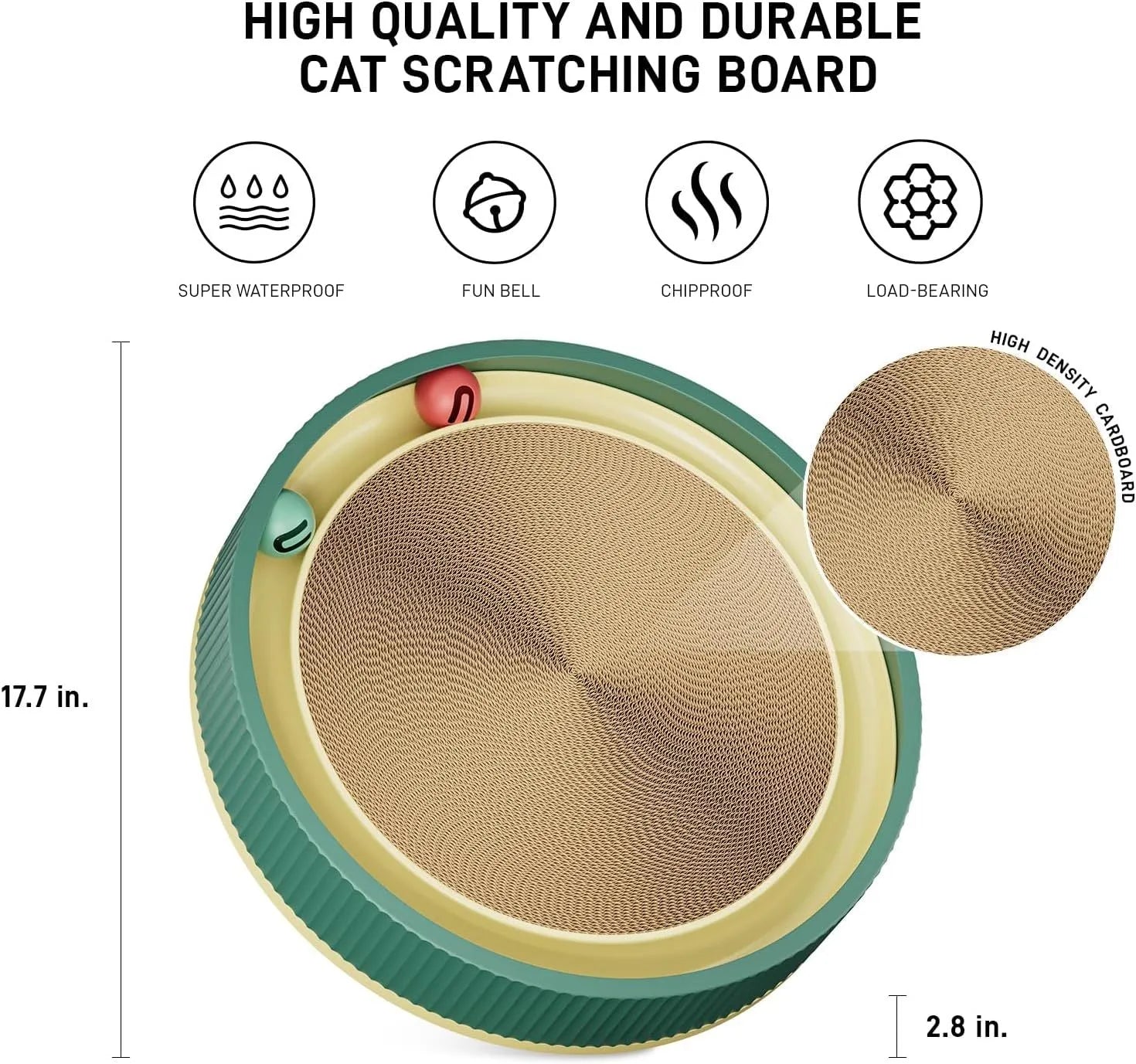 Large circular cat scratching board with ball toys showing green colour and refillable core design