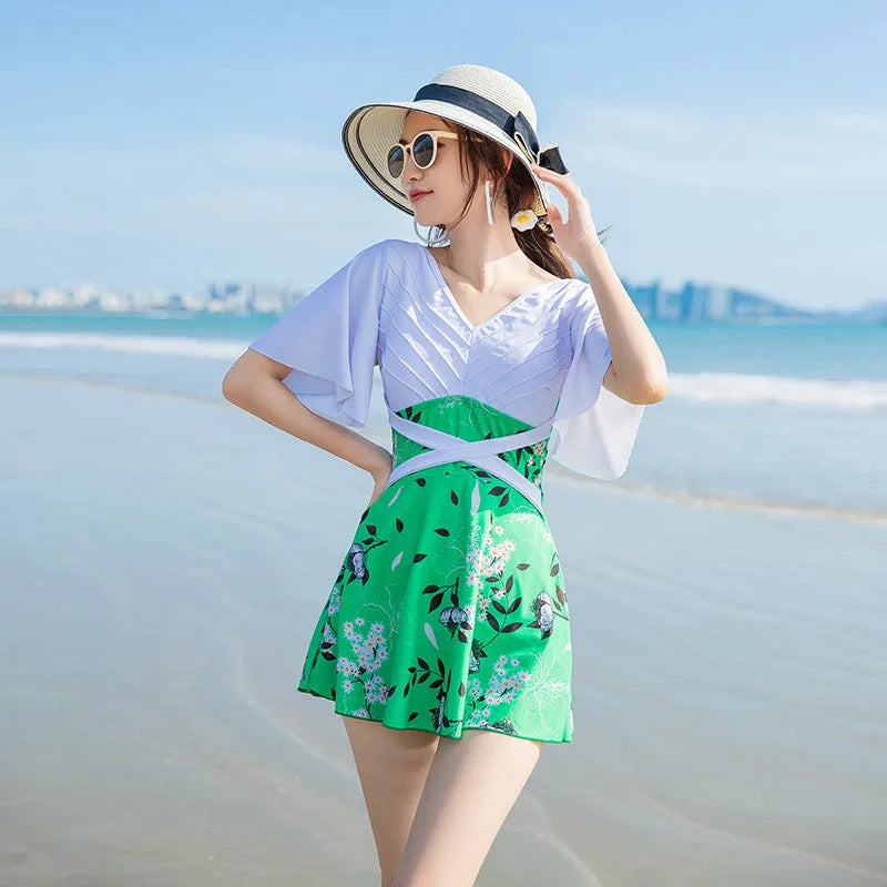 Women's printed one-piece swimsuit in chemical fibre blend, green and blue options, sizes M to 2XL