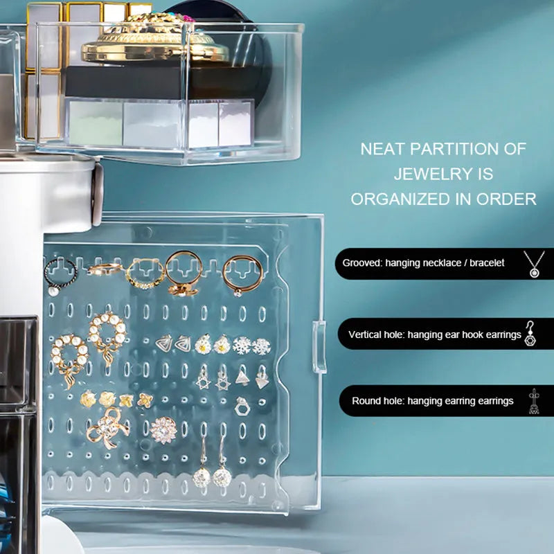 Multifunctional LED makeup box in grey with mirror open showing cosmetics and jewellery storage compartments