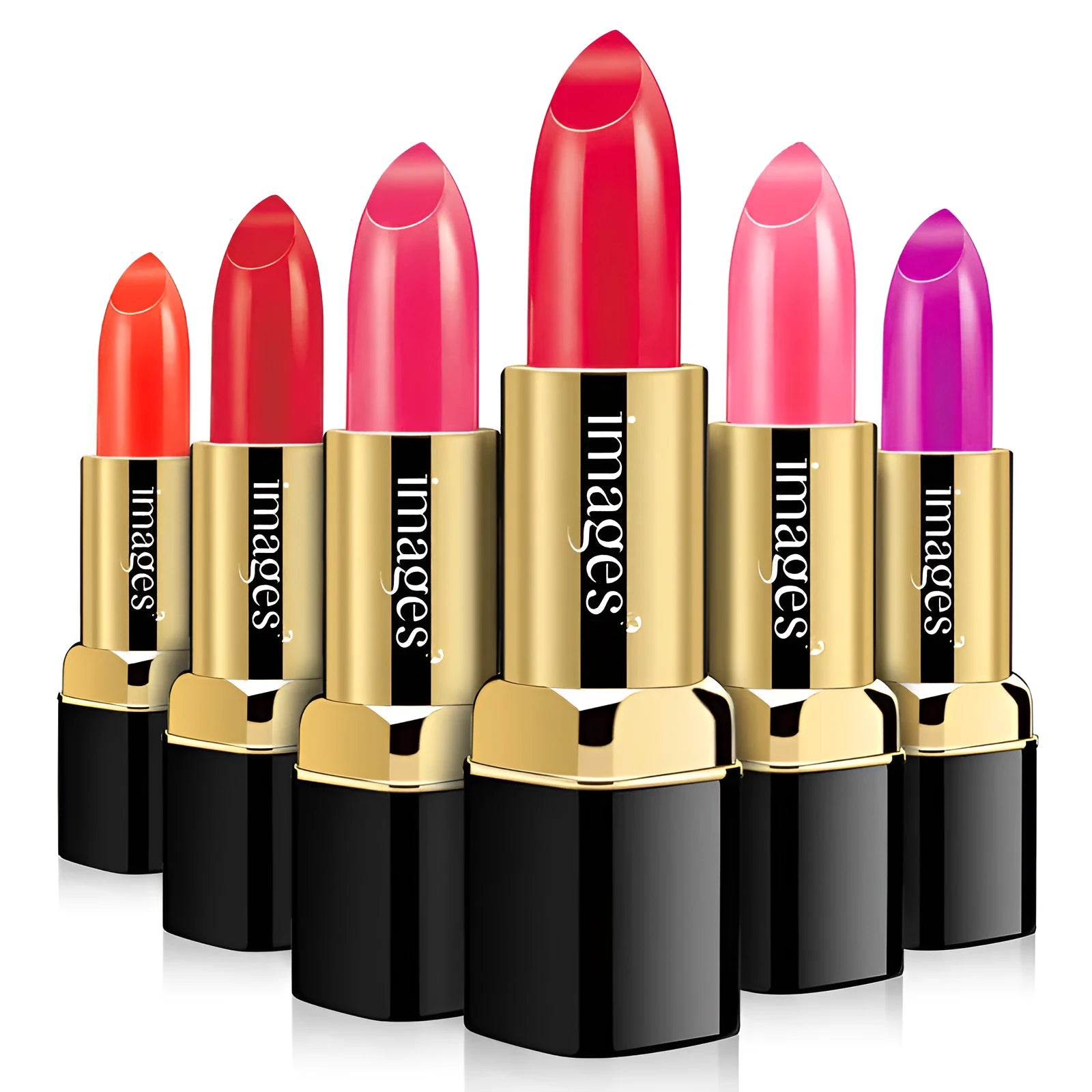 Moisturising lipstick in a case, showing colour range including coral red, bright orange, and barbie pink.