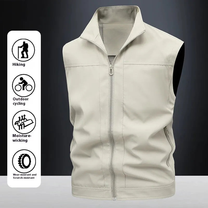Men's casual workwear jacket with stand-up collar in solid colour, loose fit, polyester blend fabric