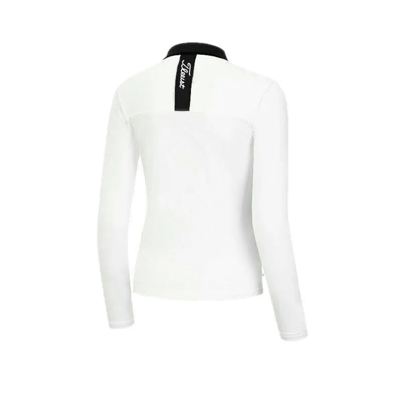 Women's white long sleeve golf top with sportswear design for outdoor activities