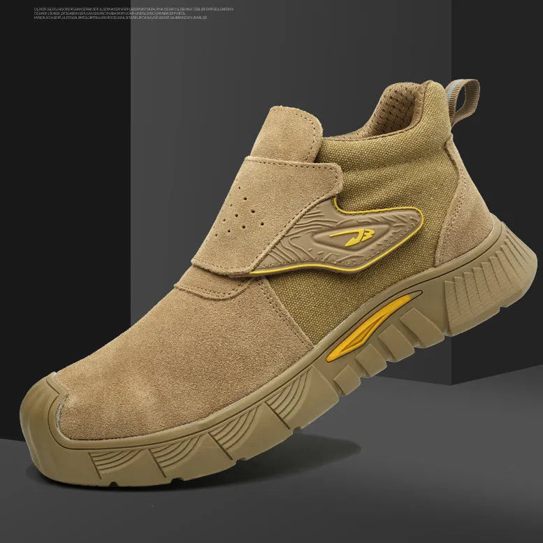 High-top steel toe cap work shoes with anti-penetration sole and front lace-up closure
