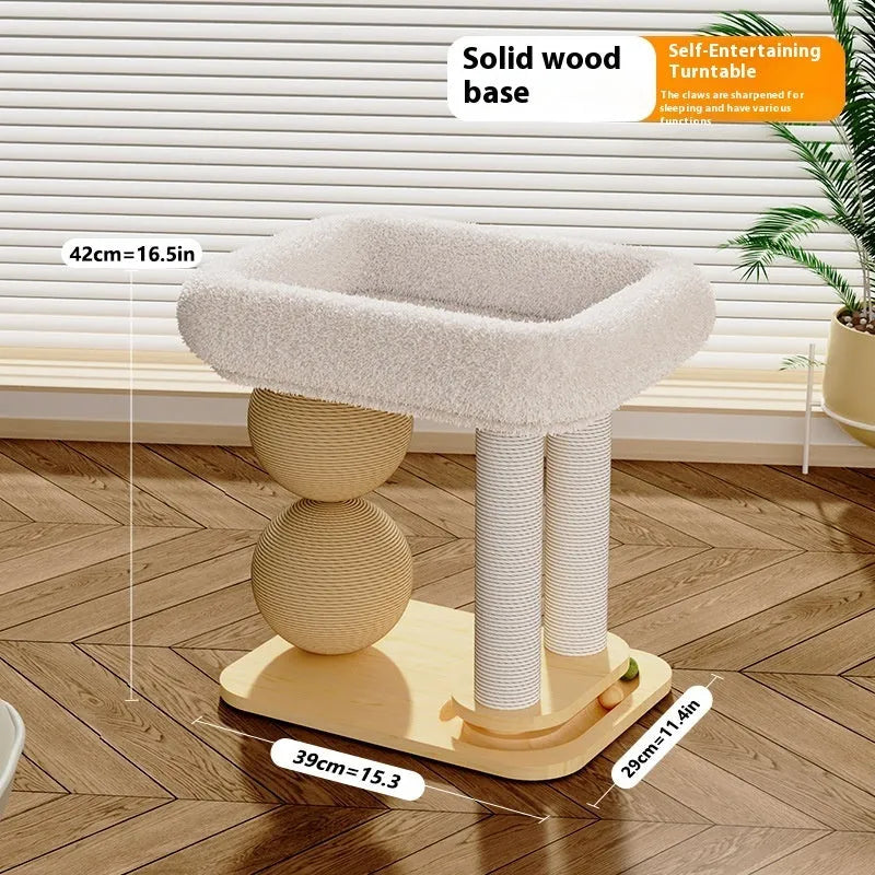 Pine wood cat nest bed with sisal fabric scratching surface and double ball chamfer columns.