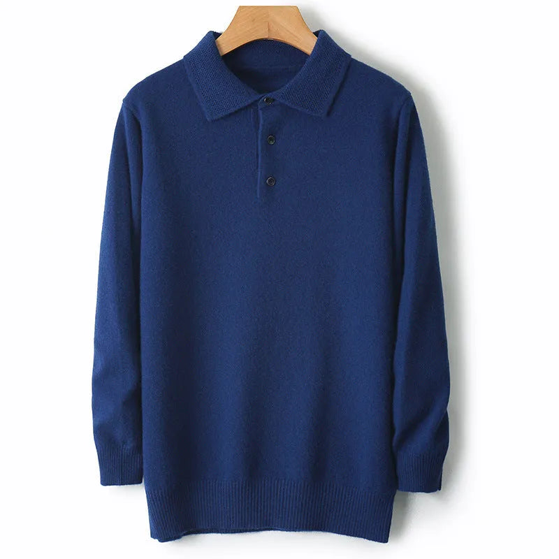 Men's grey wool pullover sweater with a polo collar laid flat