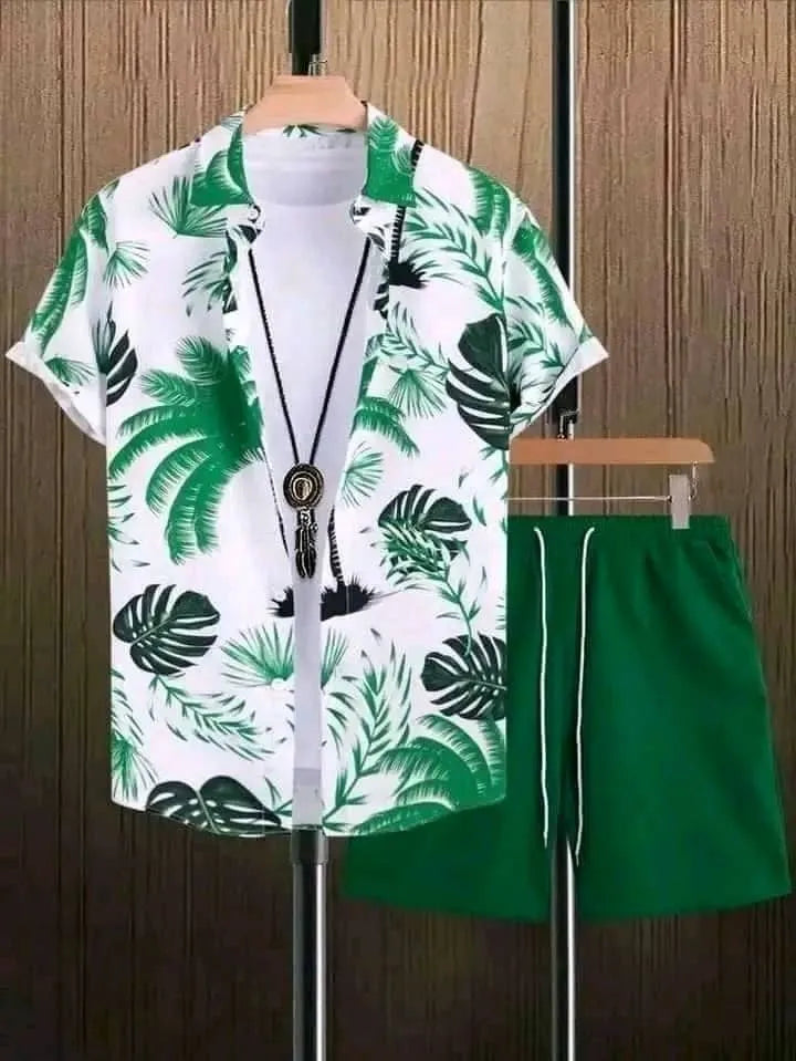 Men's beach style short sleeve shirt and shorts set in polyester fibre, size S to 4XL, multiple colours.